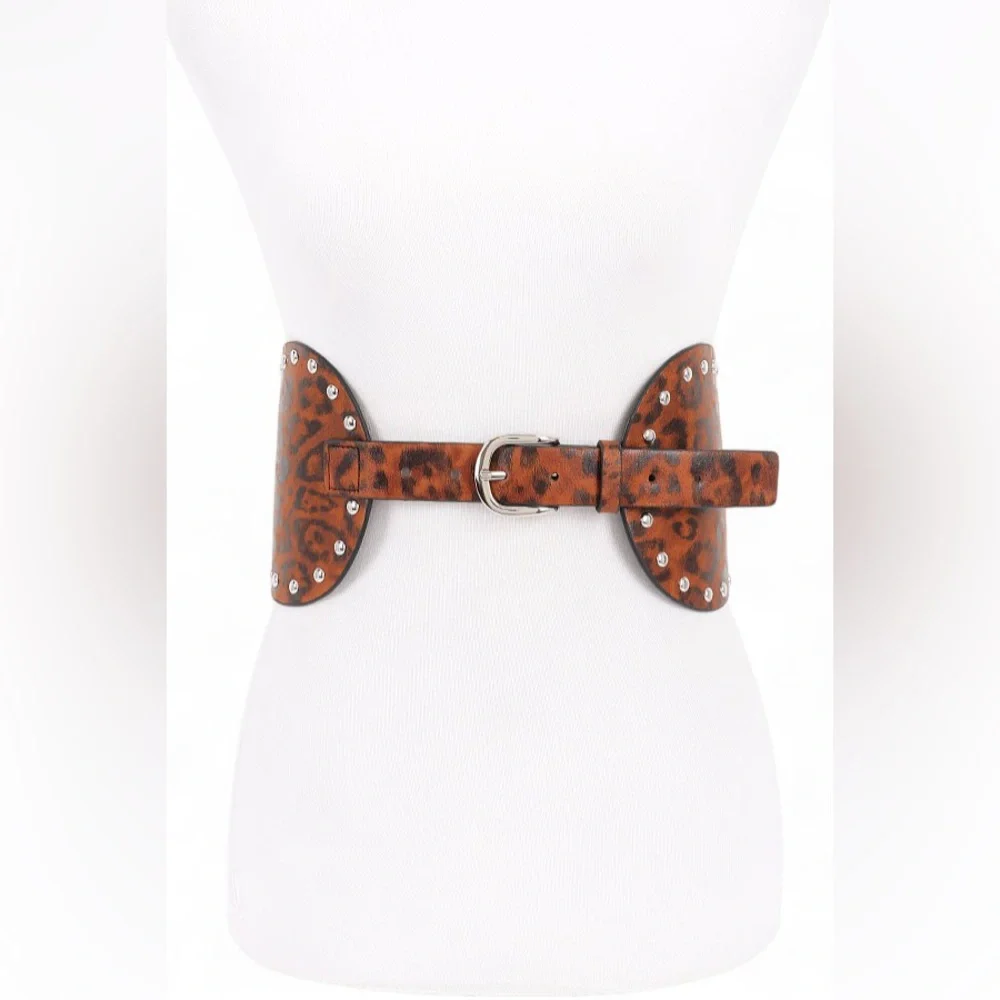 Vegan Leather Leopard Animal Print Statement Belt with Silver Accents